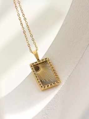Gold Sunburst Rectangular Pendant Necklace - Women's Jewelry